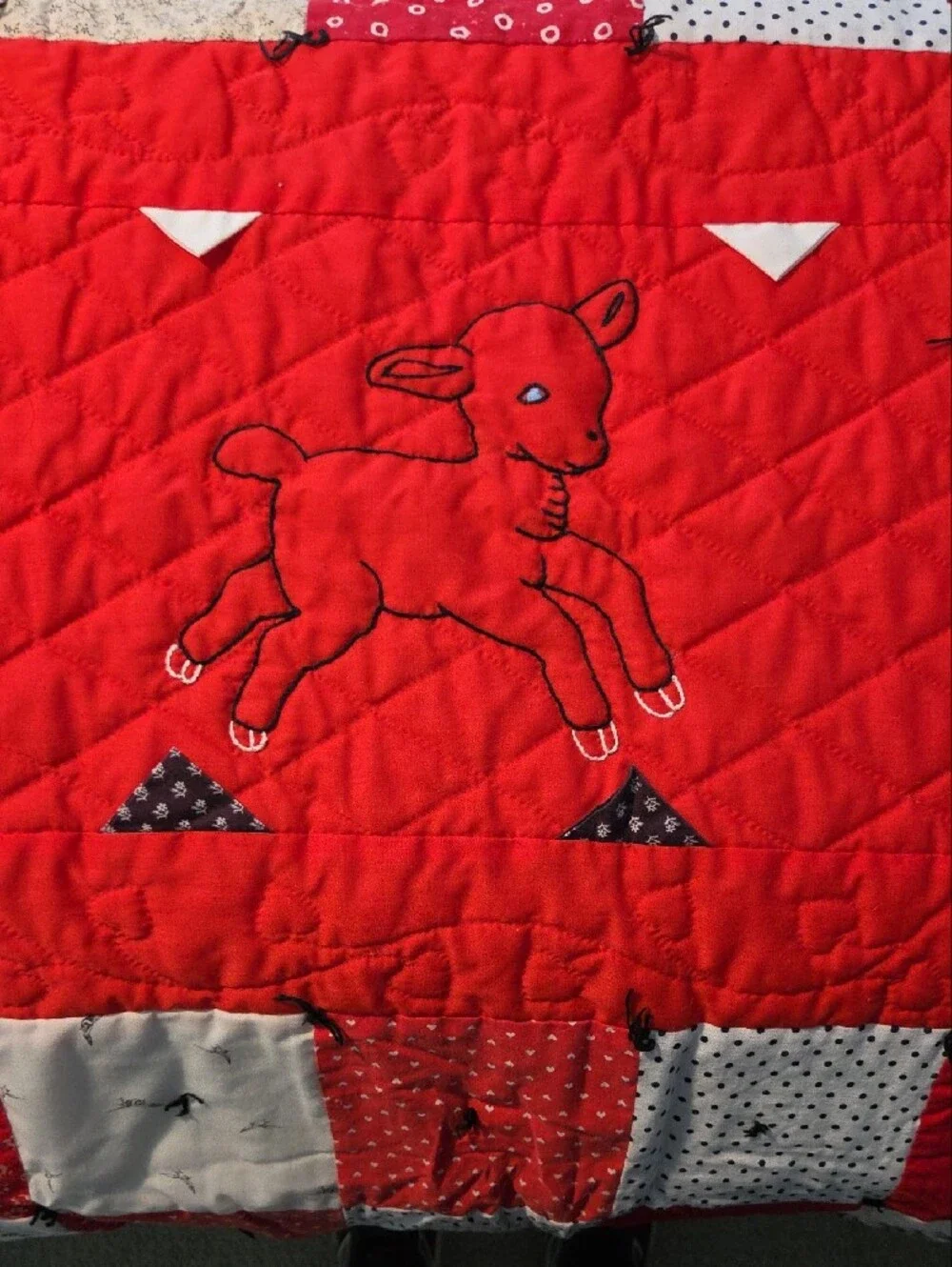 Handmade Red & White Baby Quilt with Lamb Motif